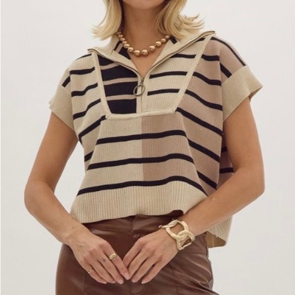 entro Sweaters - Entro Womens Ecru Multi Sweater Black Tan Half Zip Sz L Short Sleeve Chic Casual